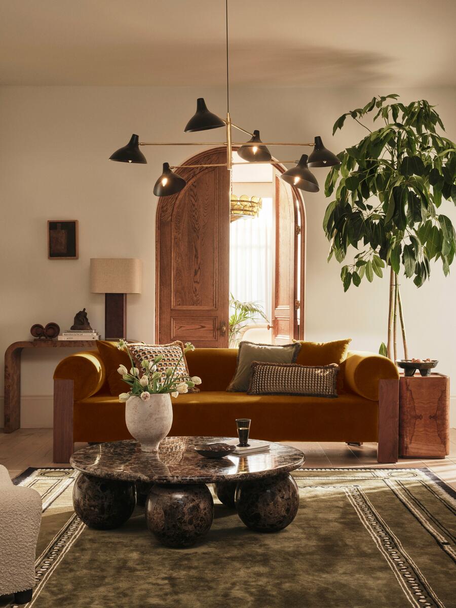 Eldon Three Seater Sofa - Walnut - Velvet - Mustard - Lifestyle - Image 3